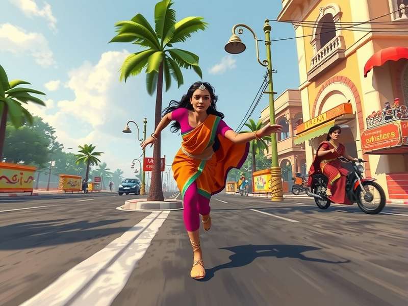 Sari Sprint Queen game screenshot showing a female character in a colorful sari racing through Indian streets
